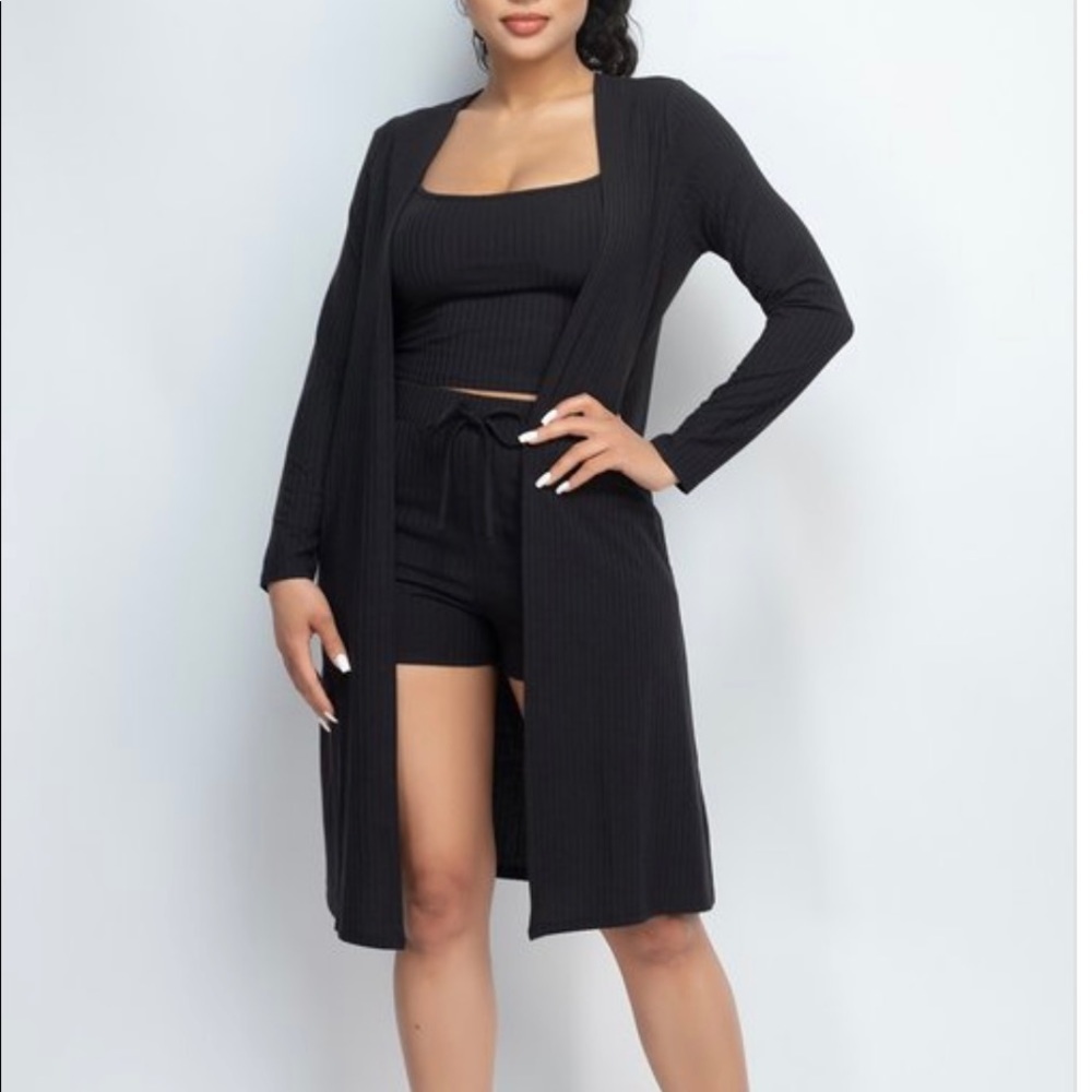 Black Long Sleeve Ribbed Cardigan Camisole Top & High Rise Short 3-Piece Set